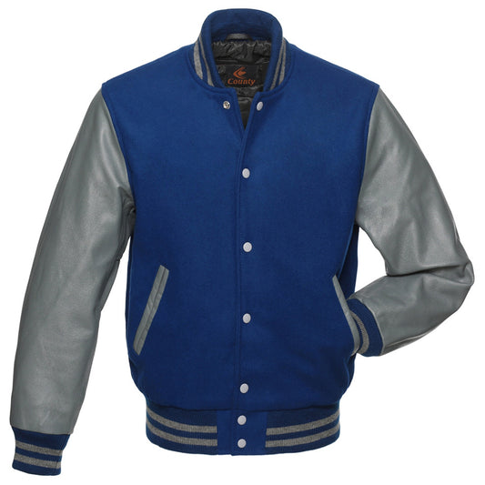 Varsity Jacket Mens Blue Body and Gray Leather Sleeves Varsity Jacket