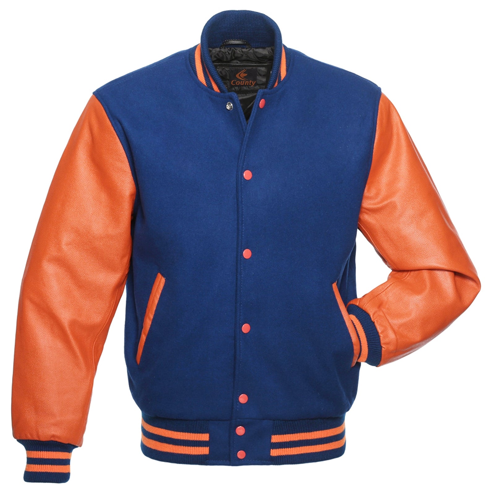 Ladies Varsity Jacket Blue Body and Orange Leather Sleeves Varsity Jacket