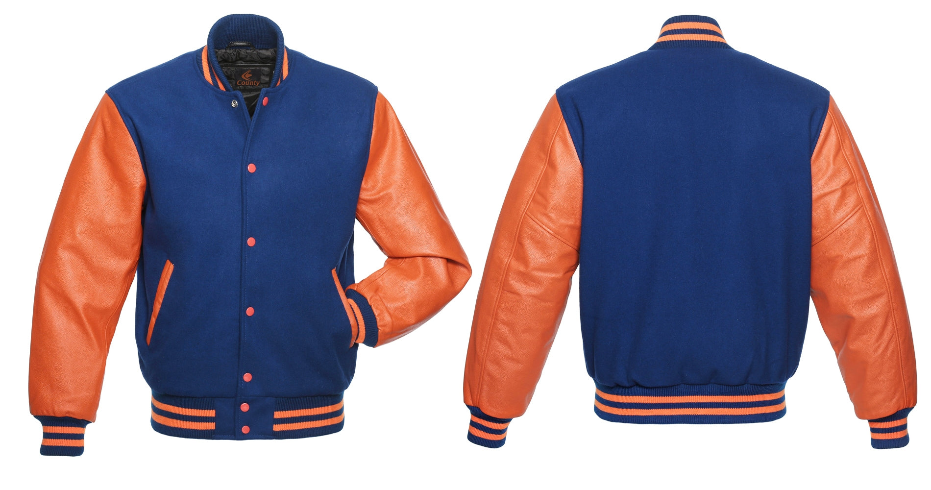 Ladies Varsity Jacket Blue Body and Orange Leather Sleeves Varsity Jacket