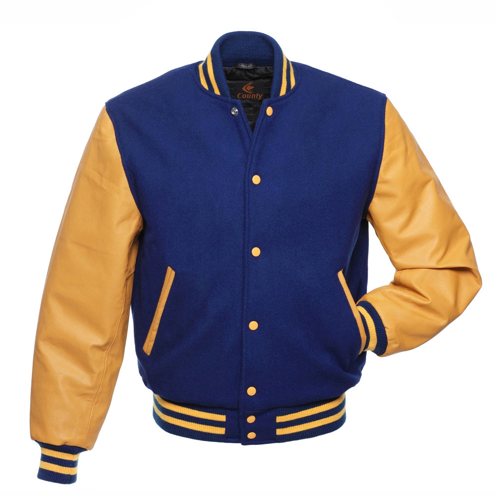 Varsity Jacket Women Royal Blue Body and Gold Leather Sleeves Varsity Jacket