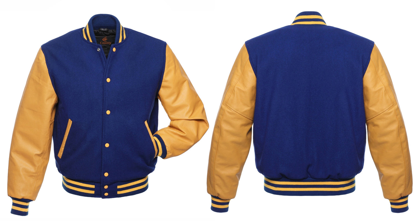 Varsity Jacket Women Royal Blue Body and Gold Leather Sleeves Varsity Jacket