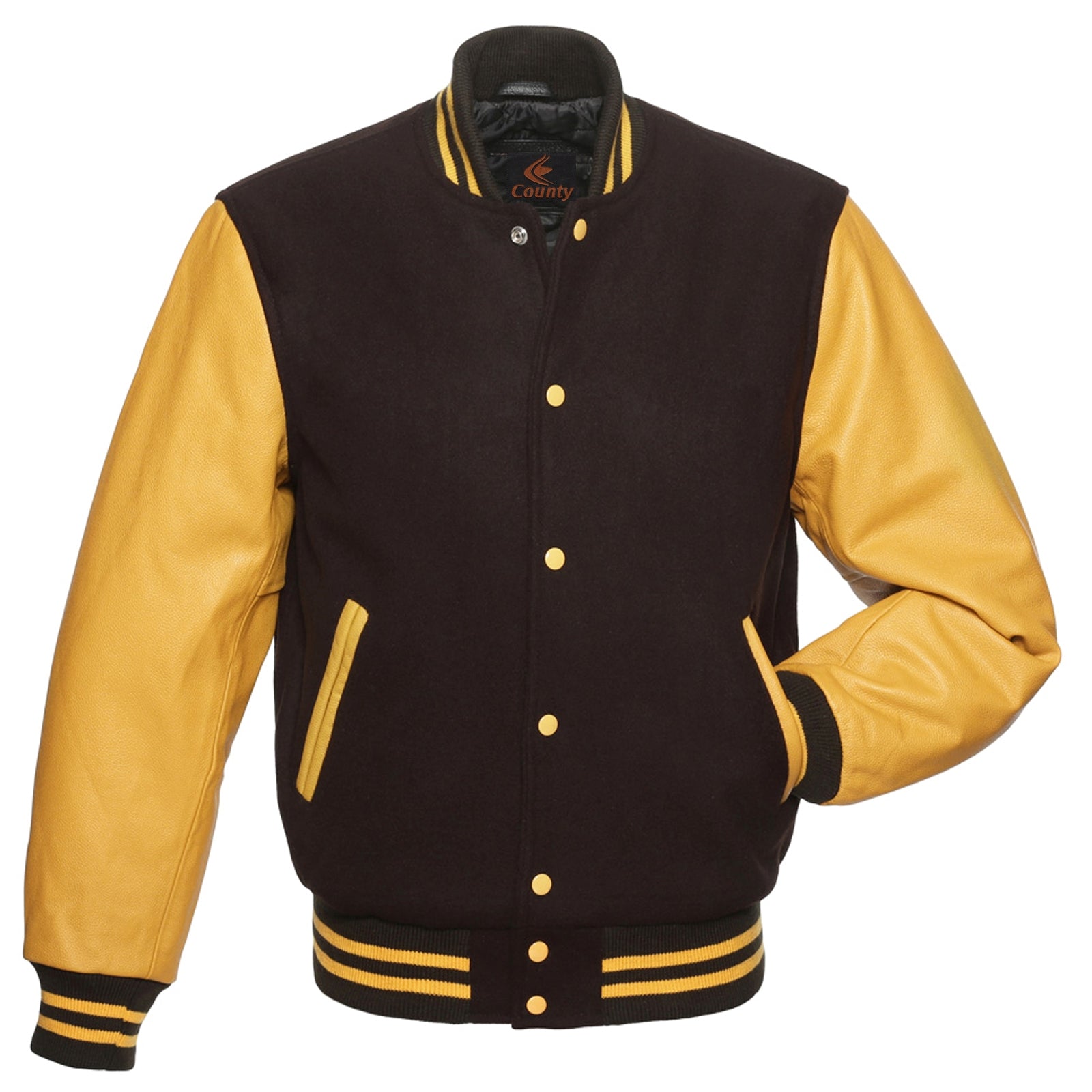 Varsity Jacket Mens Brown Body and Gold Leather Sleeves Varsity Jacket