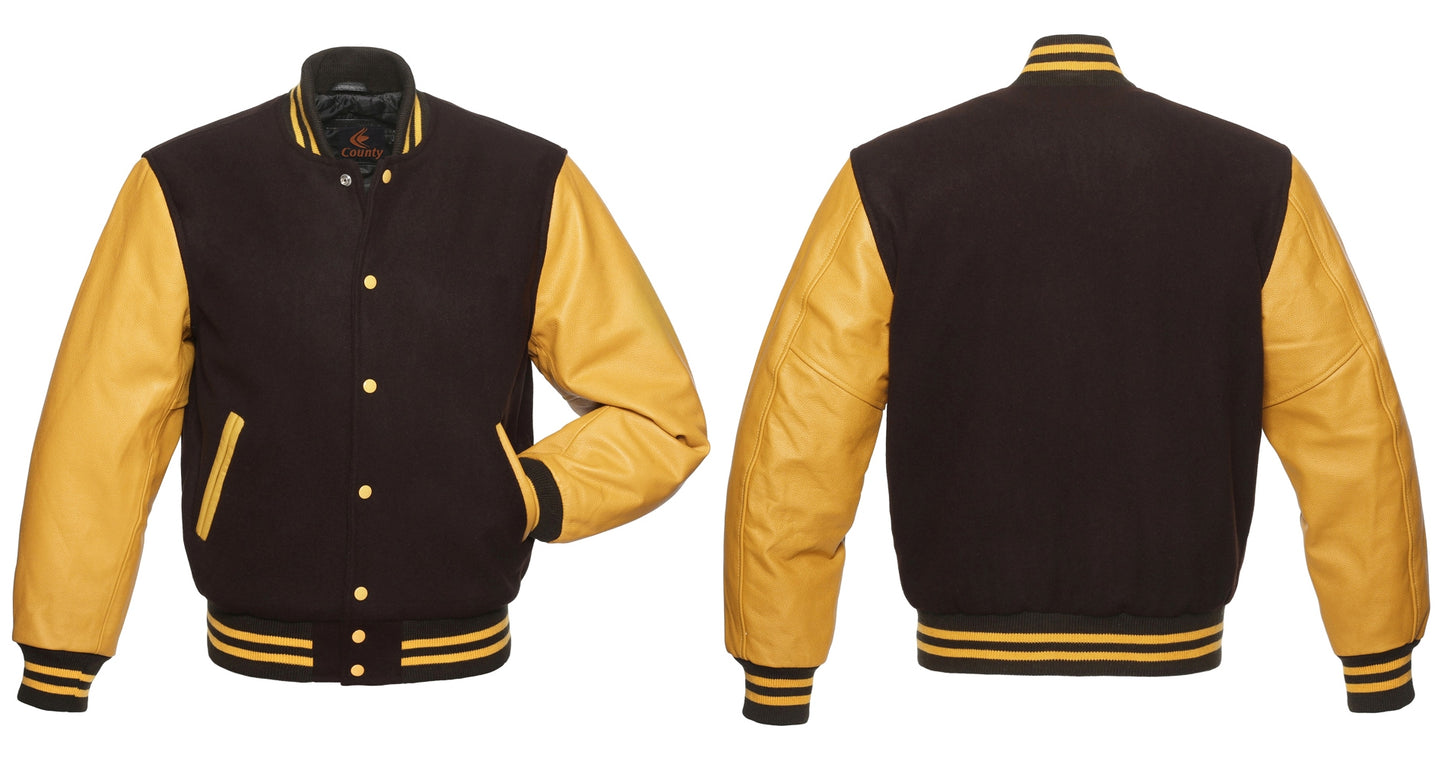 Varsity Jacket Mens Brown Body and Gold Leather Sleeves Varsity Jacket