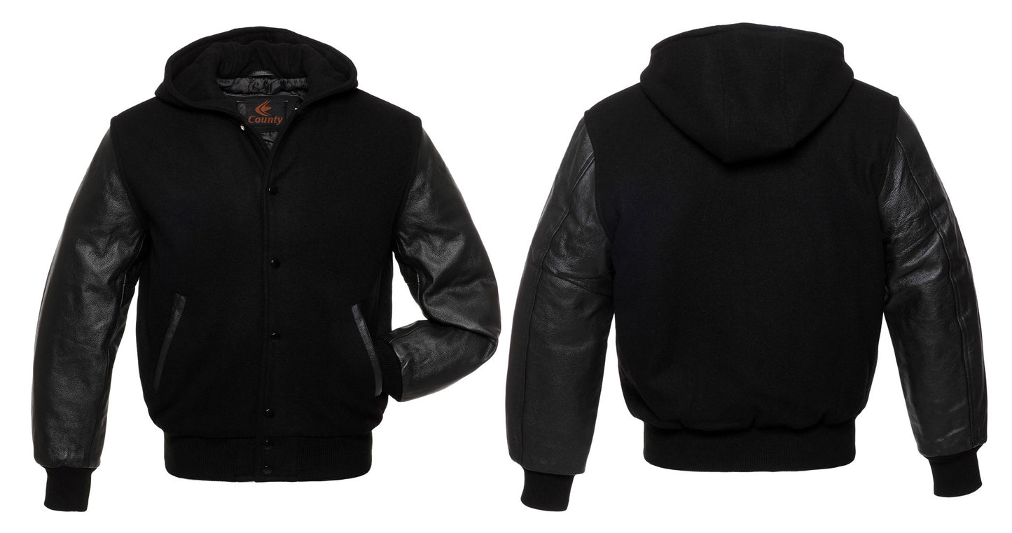 Bomber Varsity Jacket: Black body, black leather sleeves. Perfect blend of sporty and edgy style.