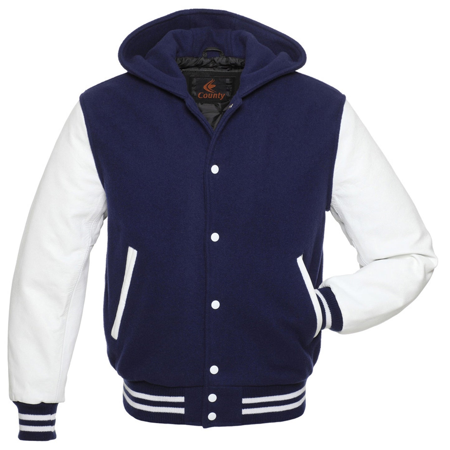 Varsity Letterman Baseball Hoodie Jacket Navy Blue Body White Leather Sleeves