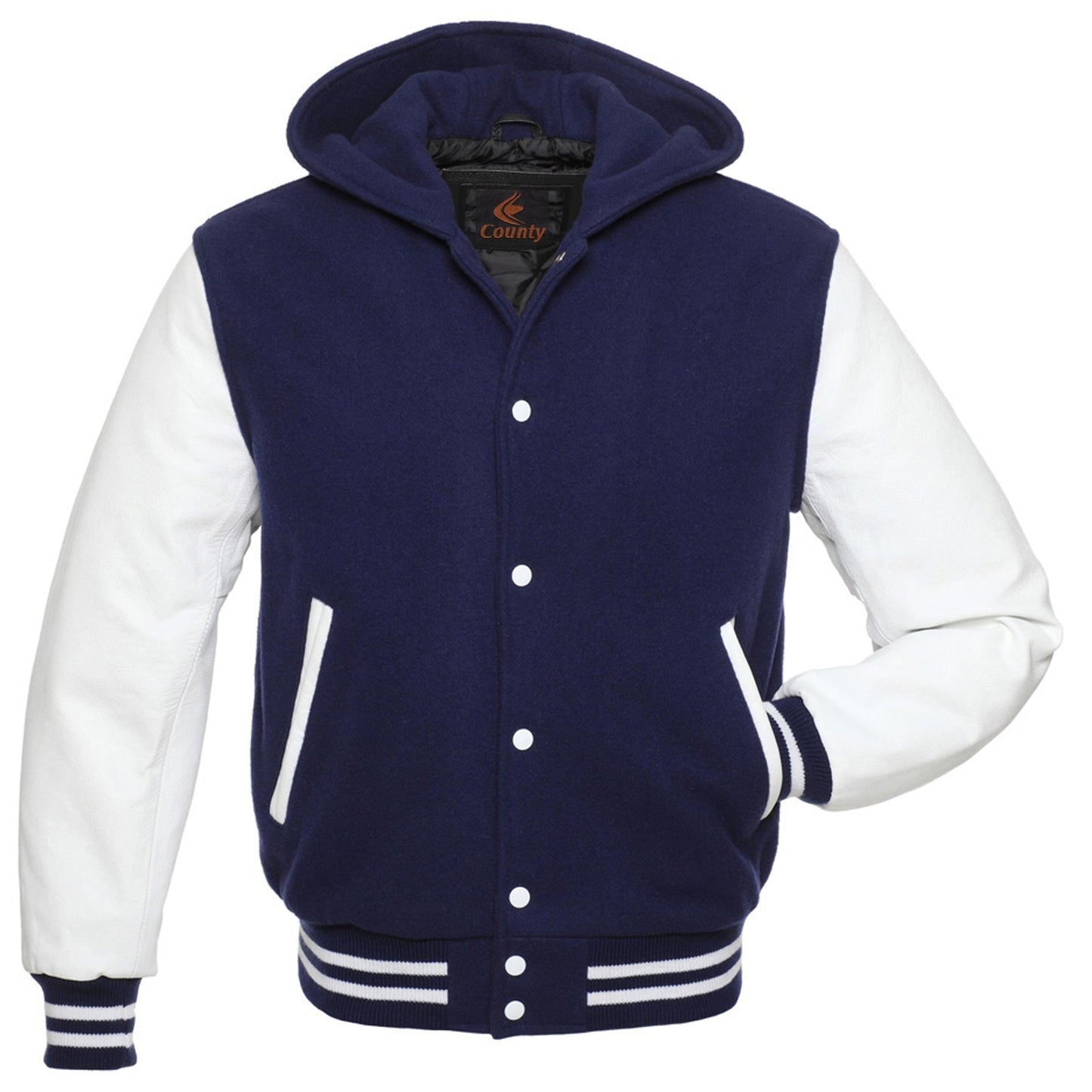 Varsity Letterman Baseball Hoodie Jacket Royal Blue Body White Leather Sleeves