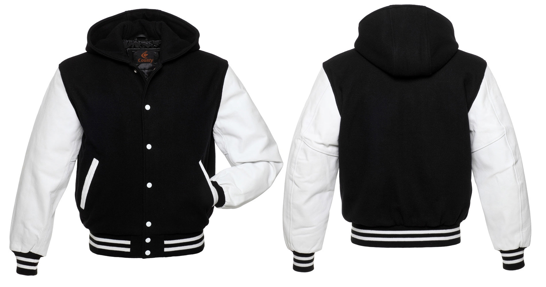 Bomber Varsity Jacket: Black body, white leather sleeves. Perfect blend of sporty and stylish design.