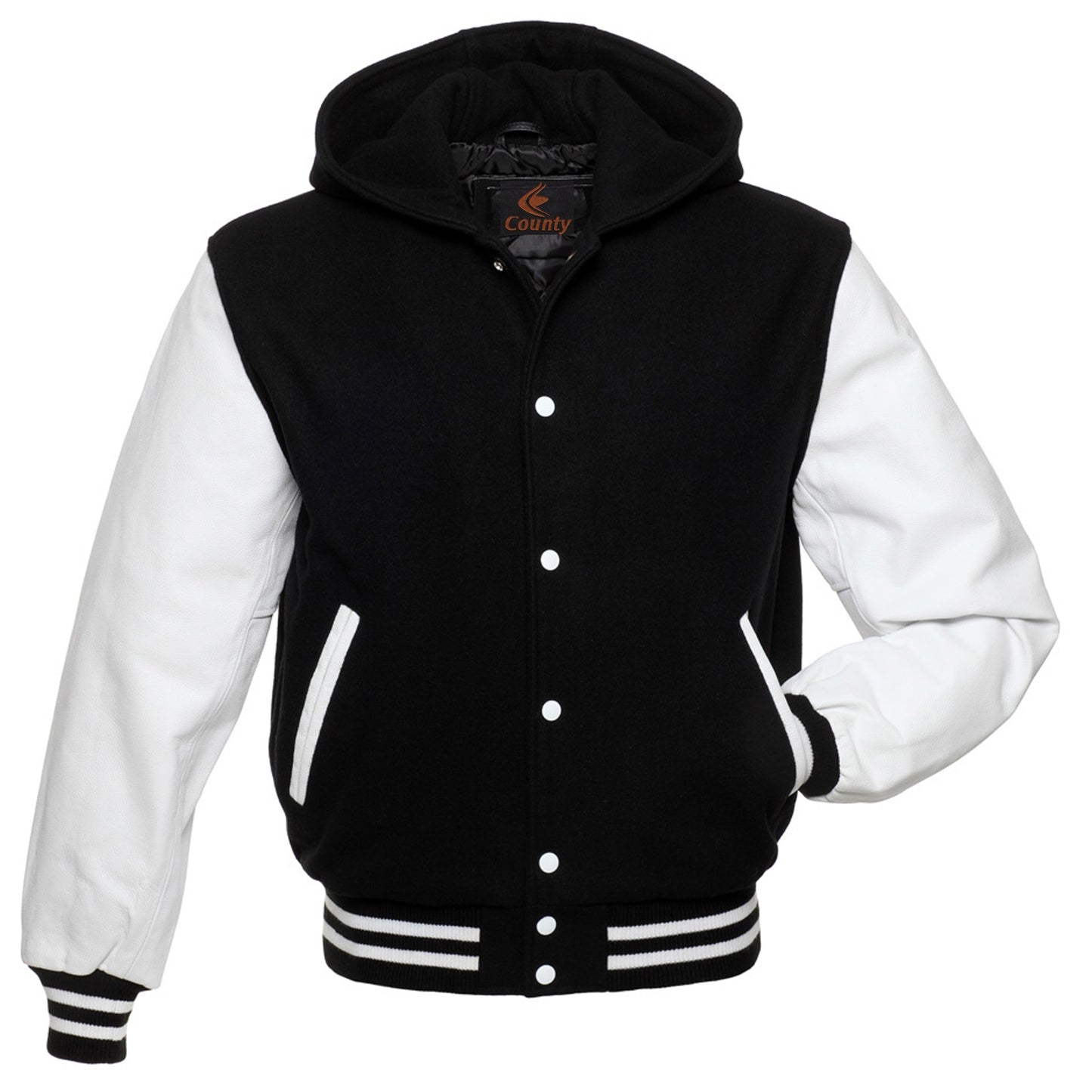 Bomber Varsity Letterman Baseball Hoodie Jacket Black Body White Leather Sleeves