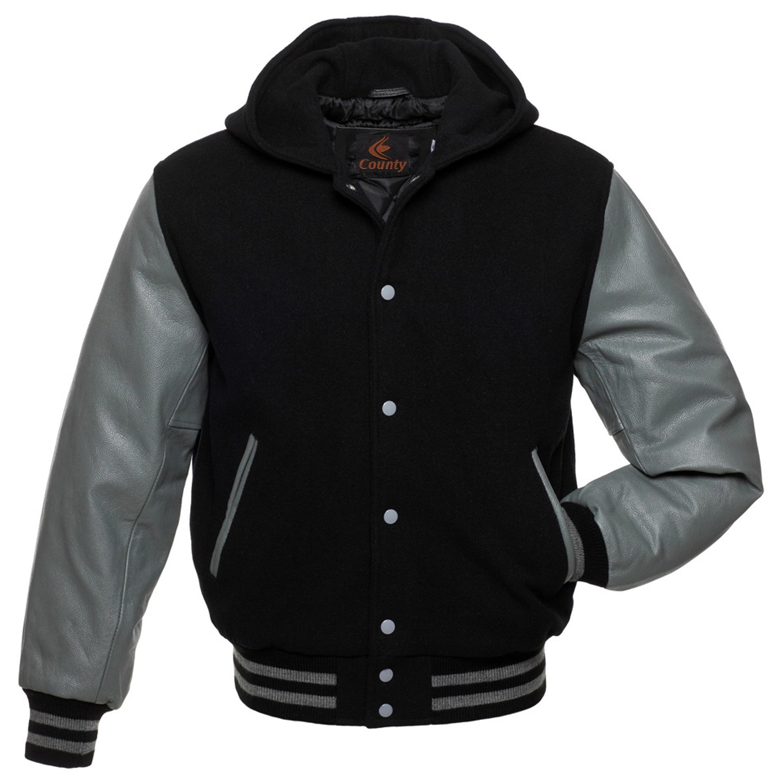 Bomber Varsity Letterman Baseball Hoodie Jacket Black Body Gray Leather Sleeves