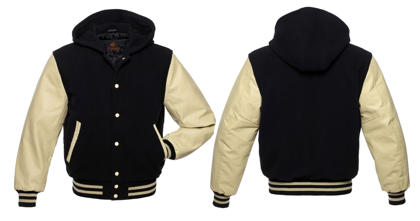 Bomber Varsity Jacket: Black body, cream leather sleeves. Perfect blend of sporty and stylish.