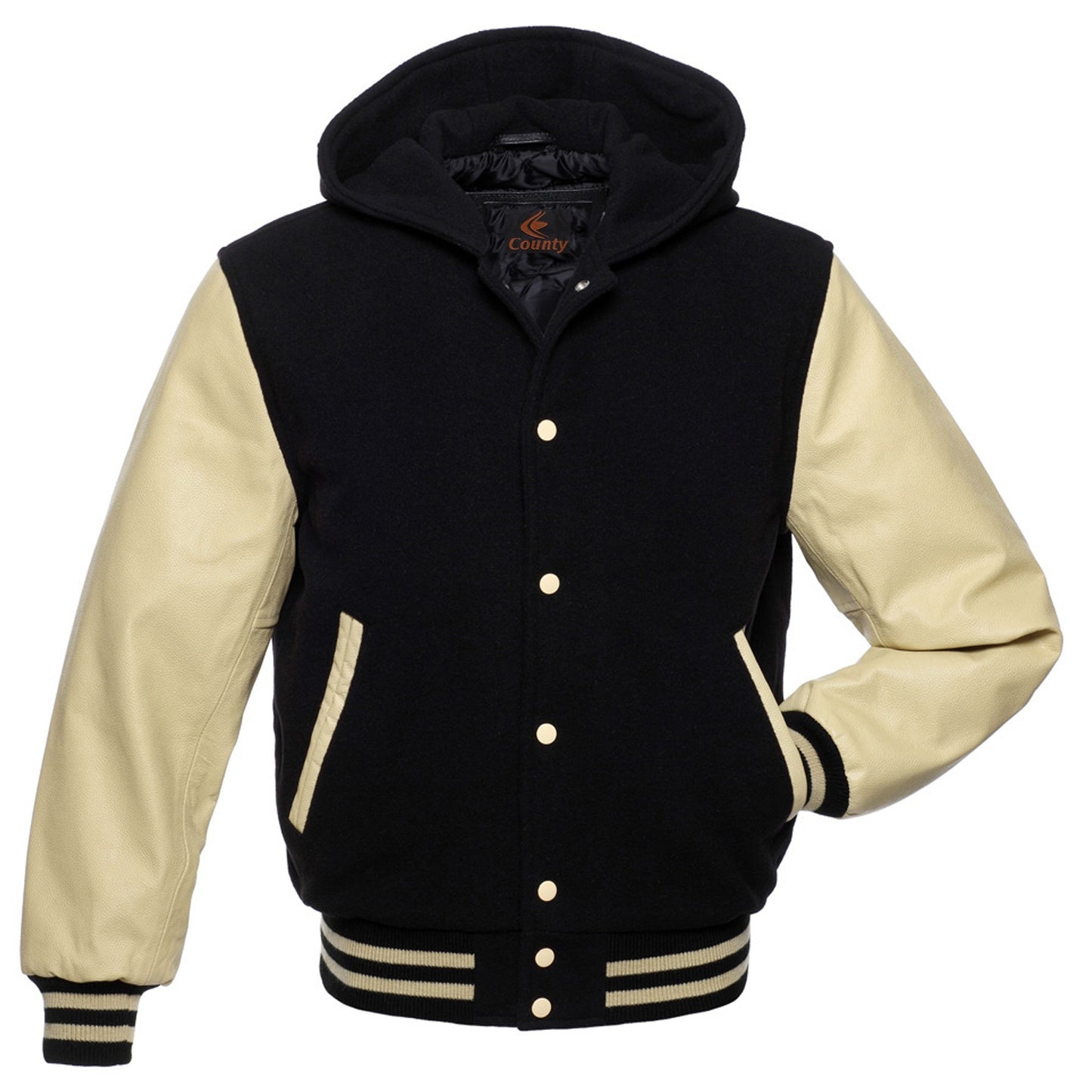 Bomber Varsity Letterman Baseball Hoodie Jacket Black Body Cream Leather Sleeves