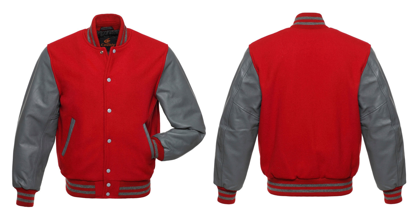 Custom Varsity Jackets Red Body and Gray Leather Sleeves Varsity Jacket