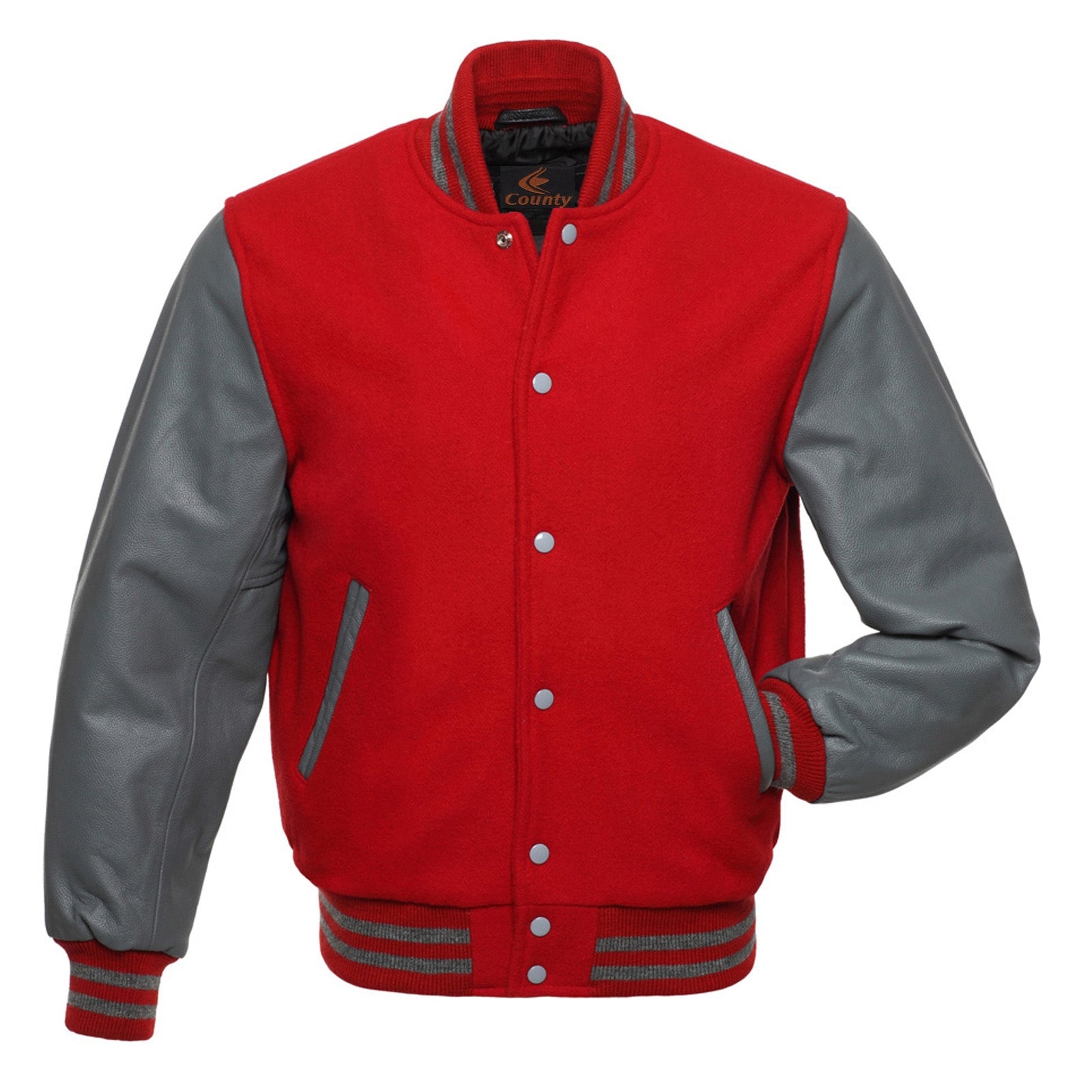 Custom Varsity Jackets Red Body and Gray Leather Sleeves Varsity Jacket