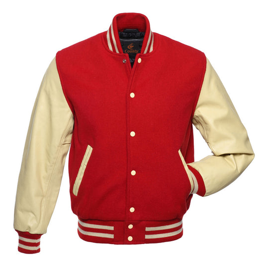 Custom Varsity Jackets Red Body and Cream Leather Sleeves Varsity Jacket