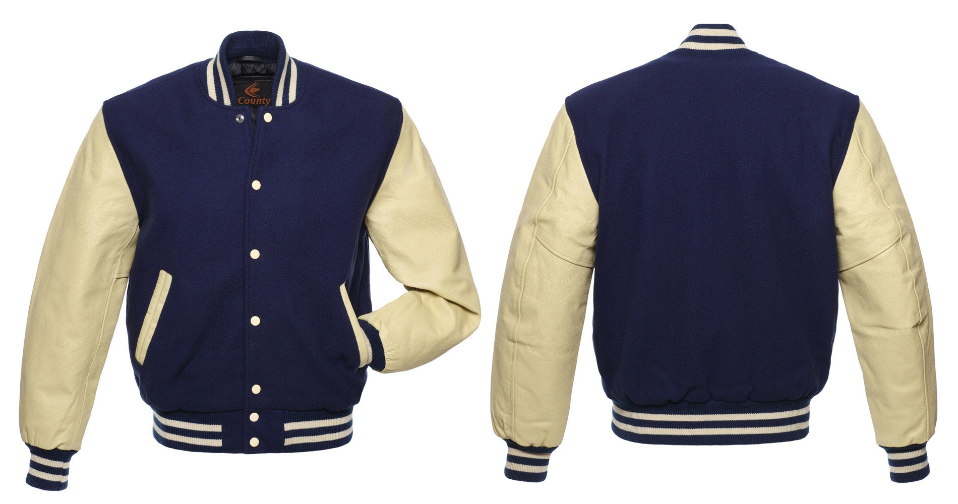  Letterman Jacket Navy Blue Body and Cream Leather Sleeves Varsity Jacket