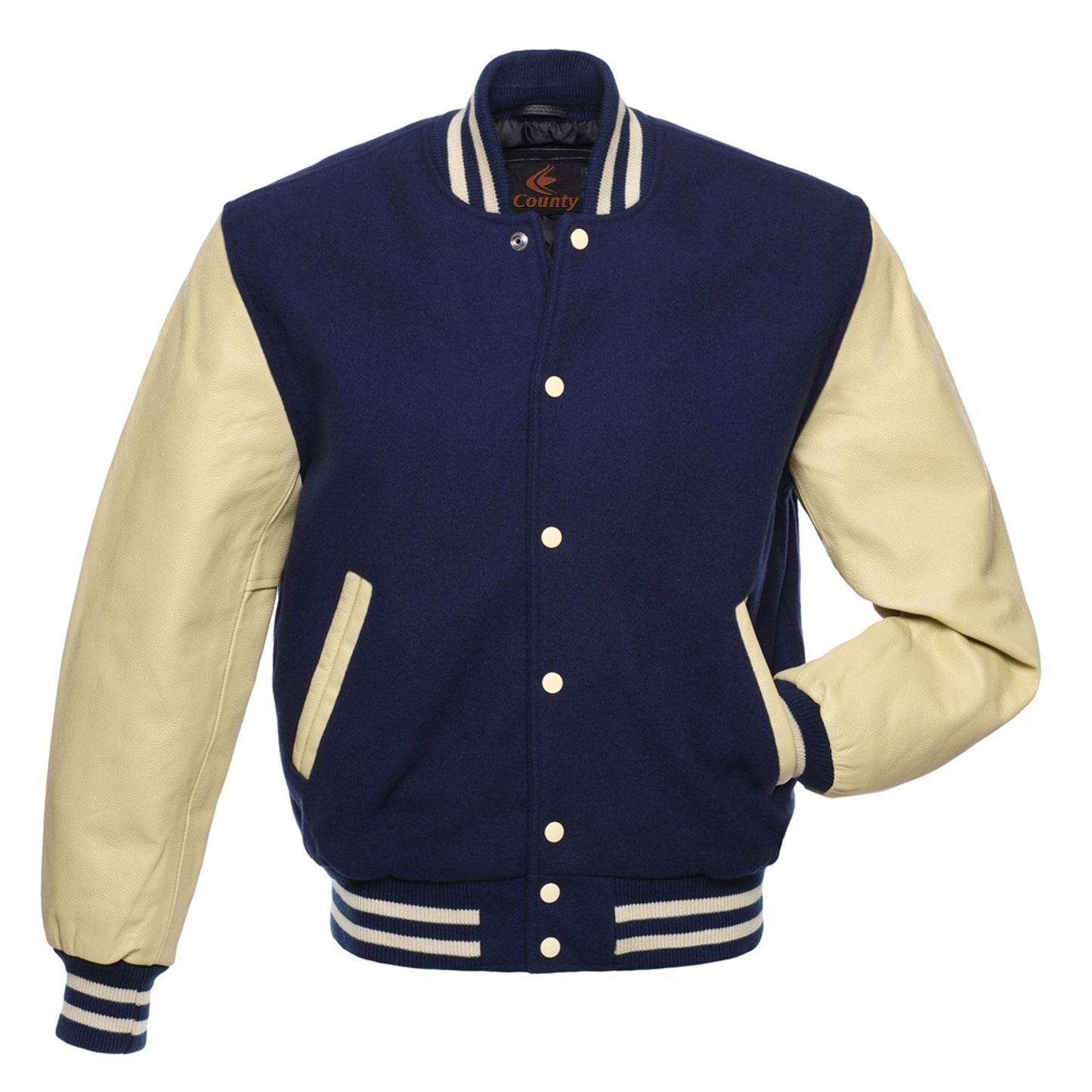  Letterman Jacket Navy Blue Body and Cream Leather Sleeves Varsity Jacket