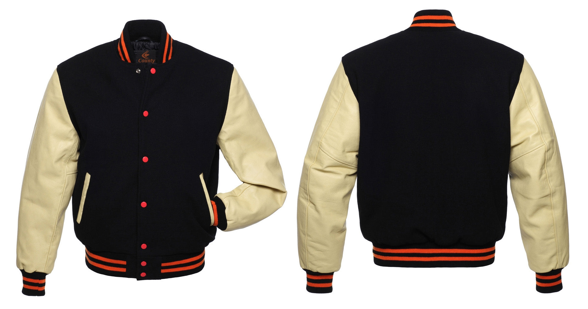 Letterman Jacket Black Body and Cream Leather Sleeves Varsity Jacket