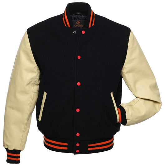 Letterman Jacket Black Body and Cream Leather Sleeves Varsity Jacket