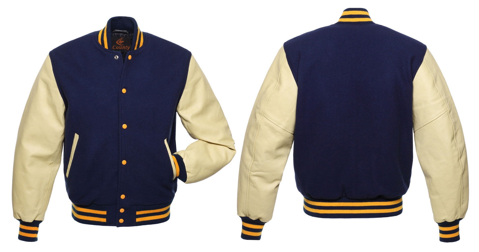 Team Varsity Jackets Navy Blue Body and Cream Leather Sleeves Varsity Jacket