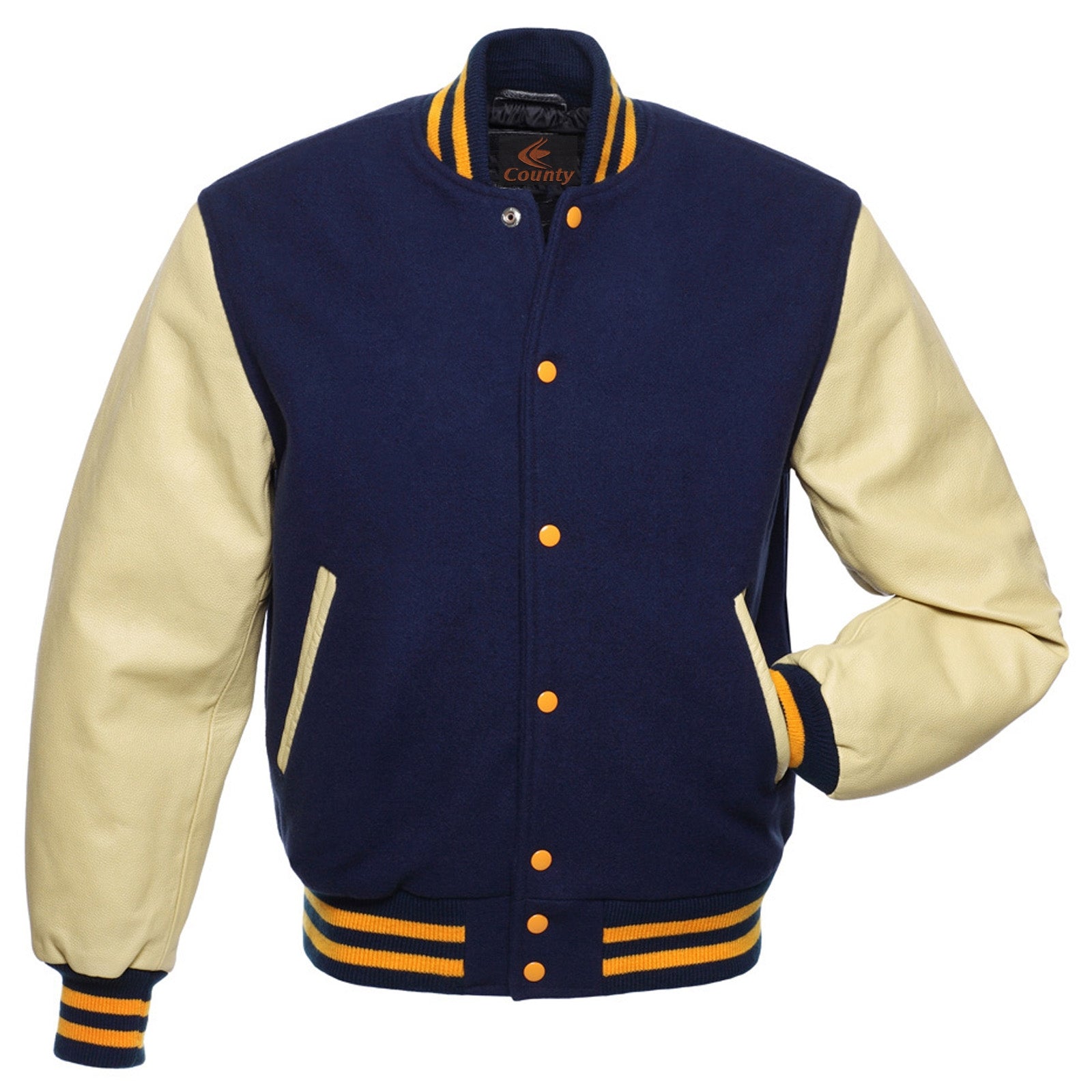 Team Varsity Jackets Navy Blue Body and Cream Leather Sleeves Varsity Jacket