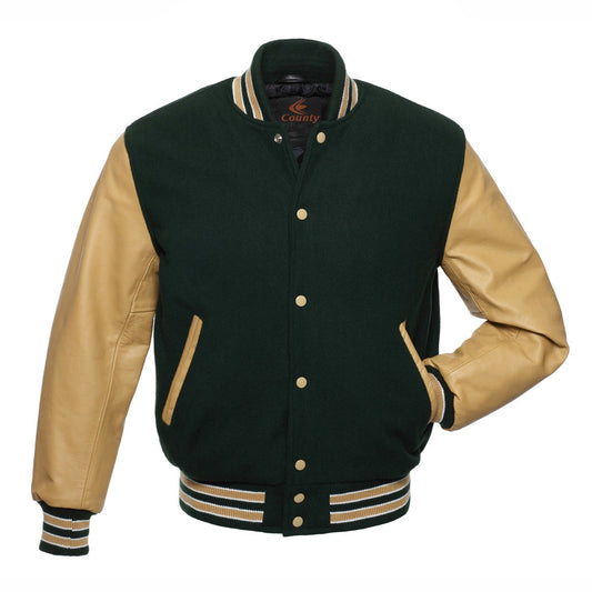 Varsity Jacket Mens Green Body and Cream Leather Sleeves Varsity Jacket