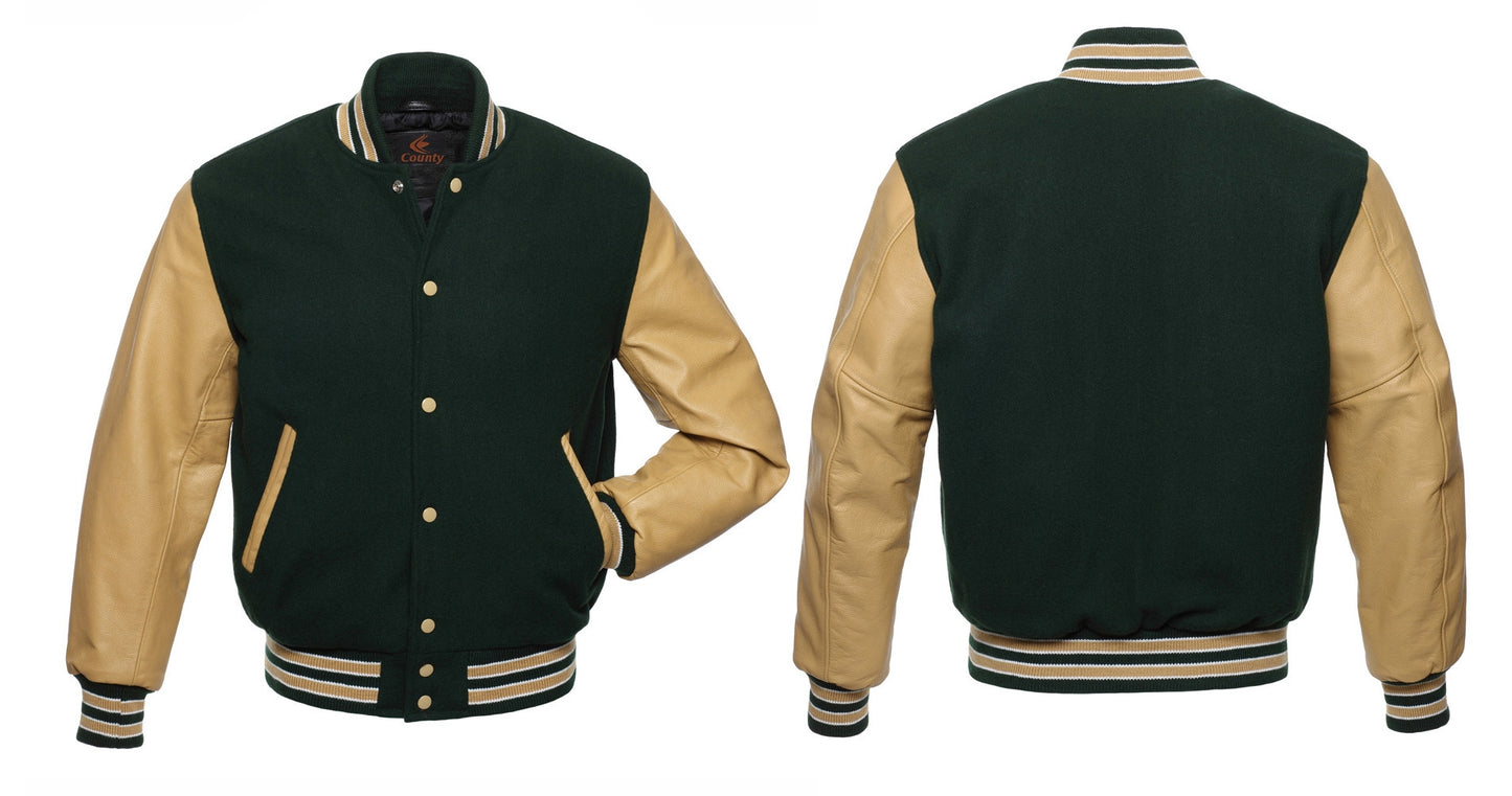 Varsity Jacket Mens Green Body and Cream Leather Sleeves Varsity Jacket