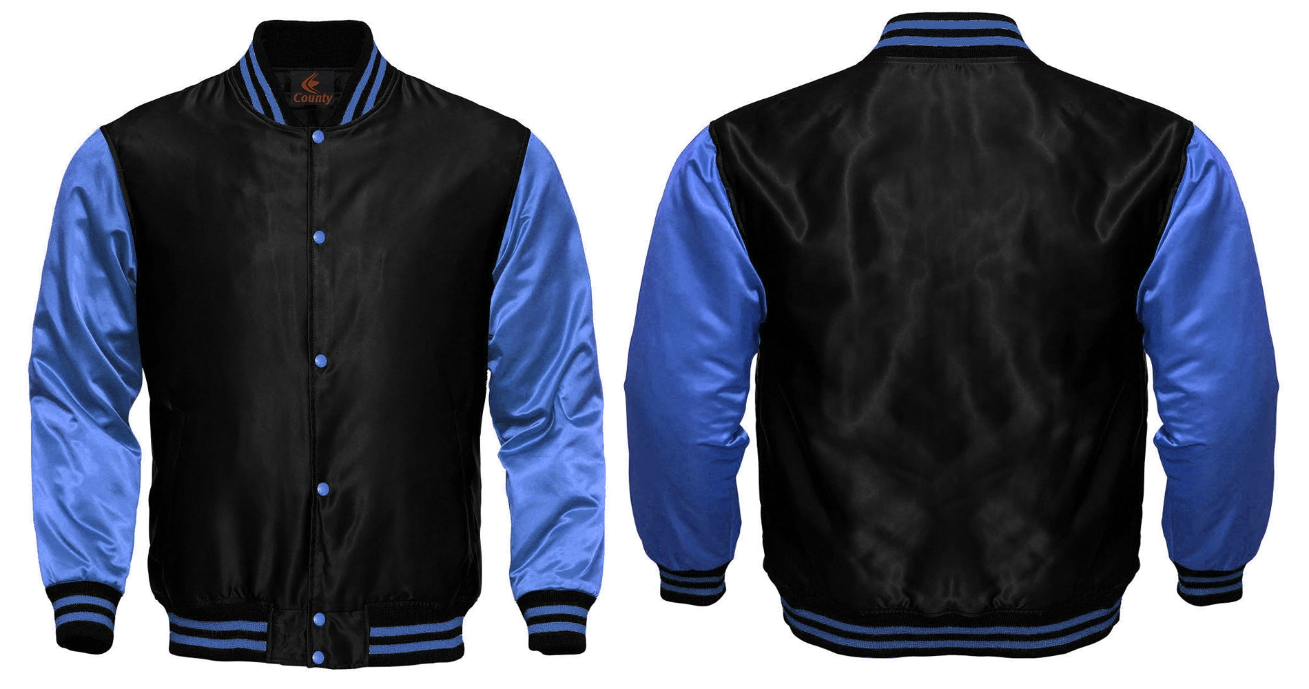 Ladies Varsity Jacket Black Sky Blue Satin Jacket Mens Letterman Jacket