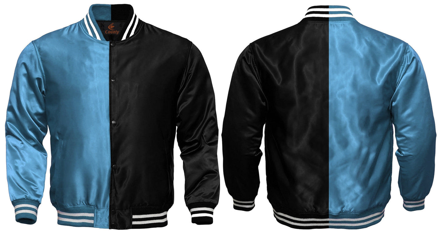 Varsity Jacket Women Sky Blue Black Satin Jacket Mens Jacket Varsity