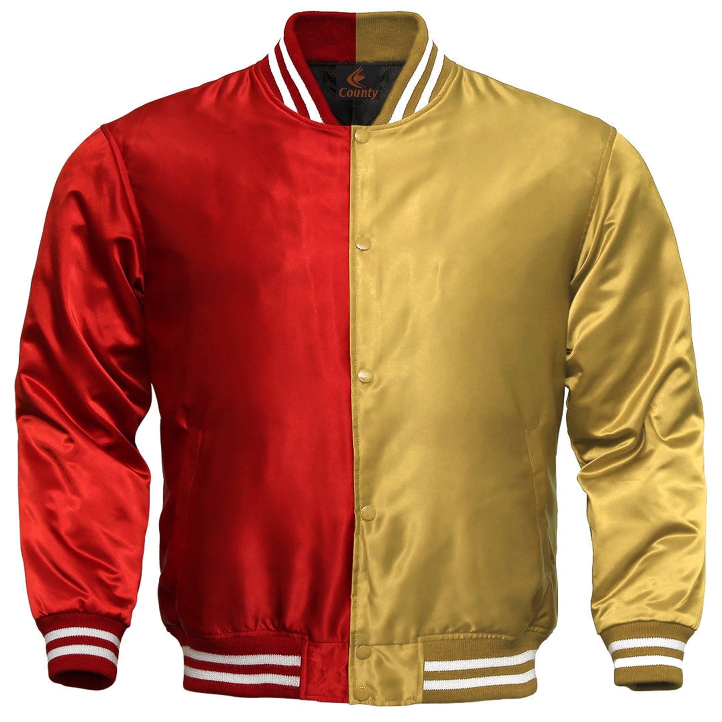 Mens Letterman Jacket Red Golden Satin Jacket Ladies Varsity Jacket