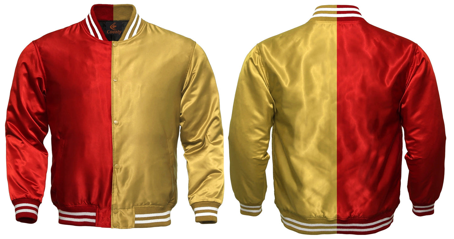 Mens Letterman Jacket Red Golden Satin Jacket Ladies Varsity Jacket