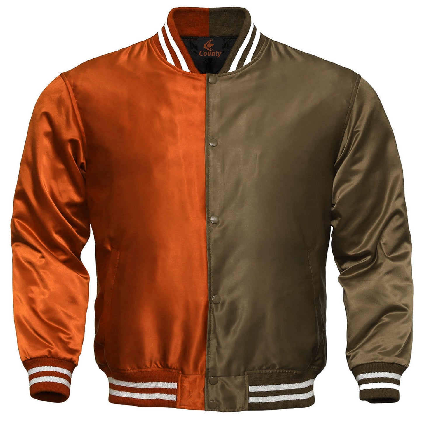 Mens Letterman Jacket Orange Brown Satin Jacket Team Varsity Jackets