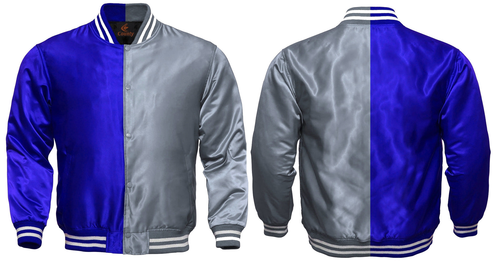 Mens Letterman Jacket Royal Blue Silver Satin Jacket Team Varsity Jackets