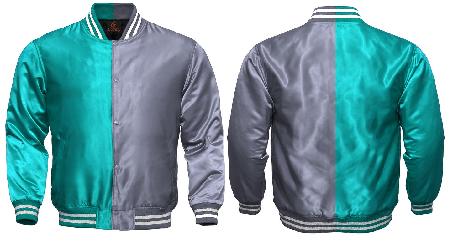 Mens Letterman Jacket Turquoise Silver Satin Jacket Team Varsity Jackets