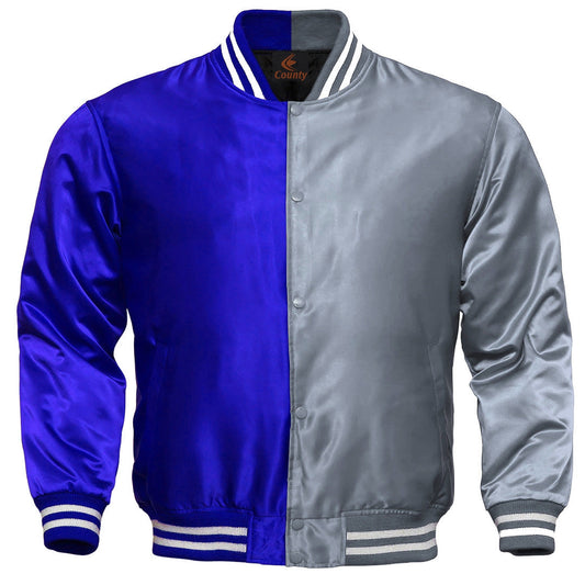 Mens Letterman Jacket Royal Blue Silver Satin Jacket Team Varsity Jackets