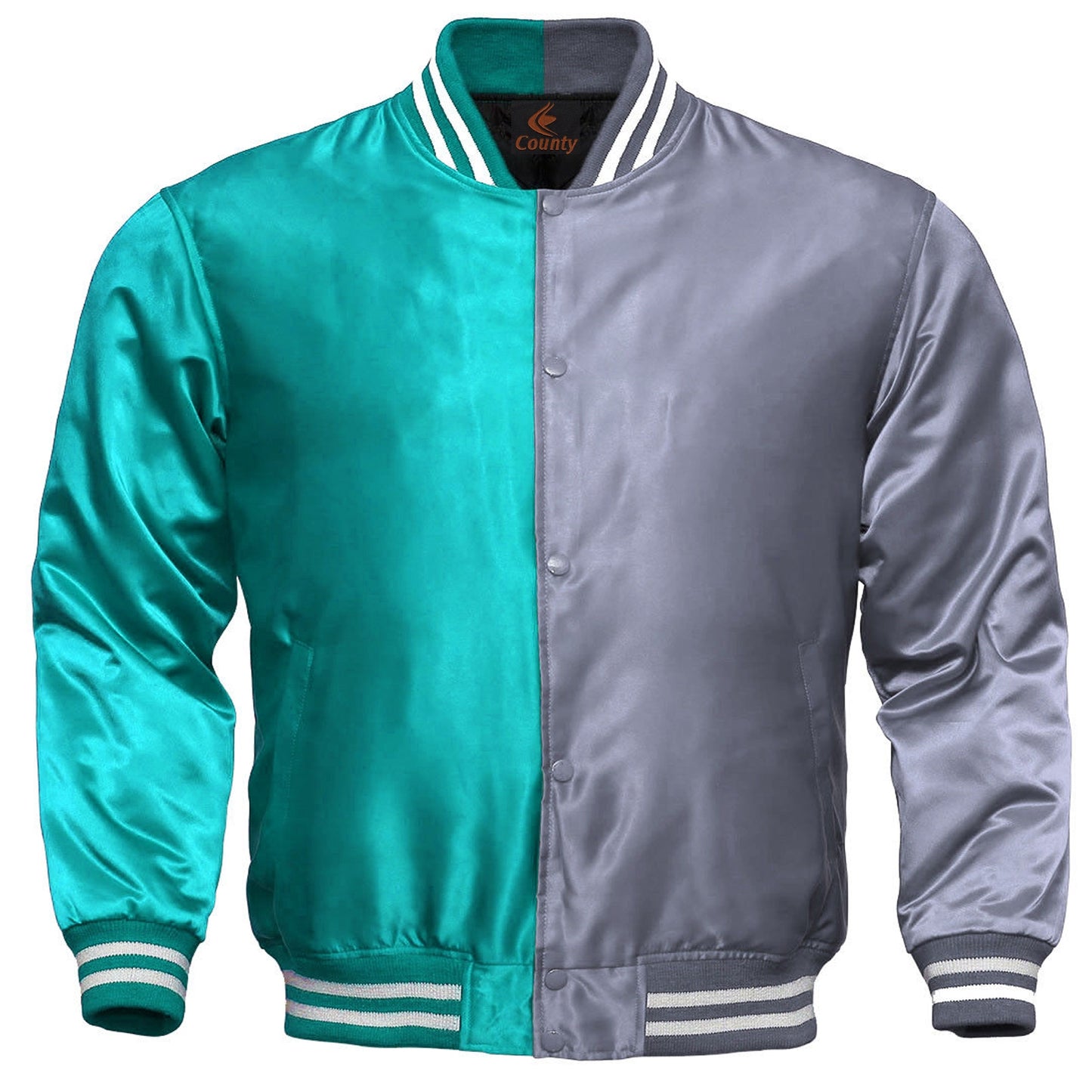 Mens Letterman Jacket Turquoise Silver Satin Jacket Team Varsity Jackets