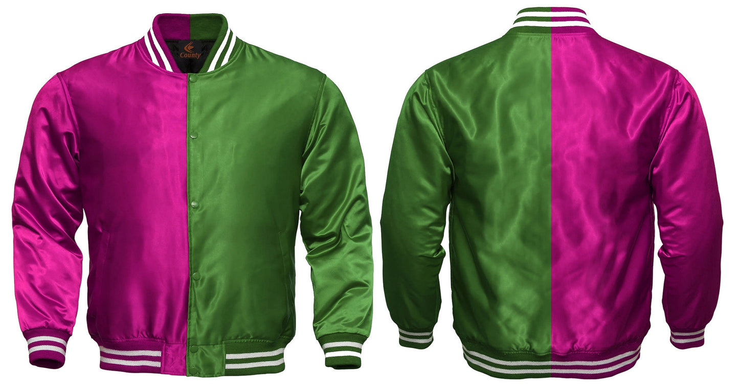 Personalized Varsity Jacket Hot Pink Green Satin Jacket Mens Letterman Jacket