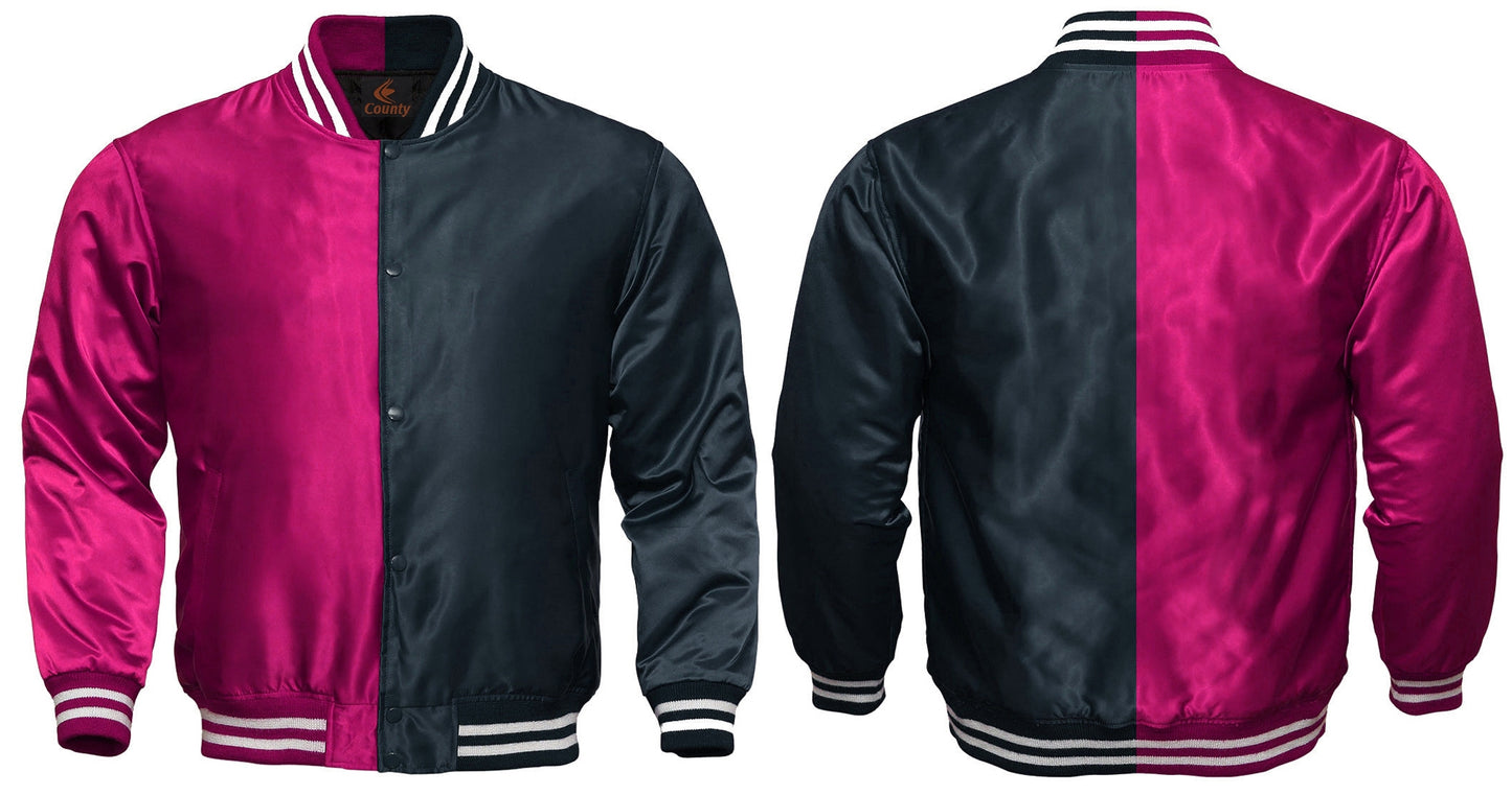 Personalized Varsity Jacket Hot Pink Navy Blue Satin Jacket Mens Letterman Jacket