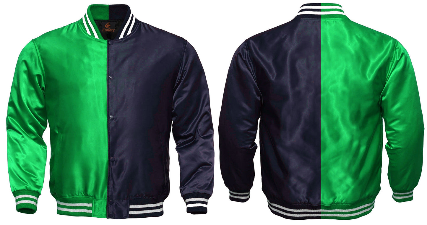 Varsity Jacket Mens Kelly Green Navy Blue Satin Jacket Custom Made Letterman Jackets