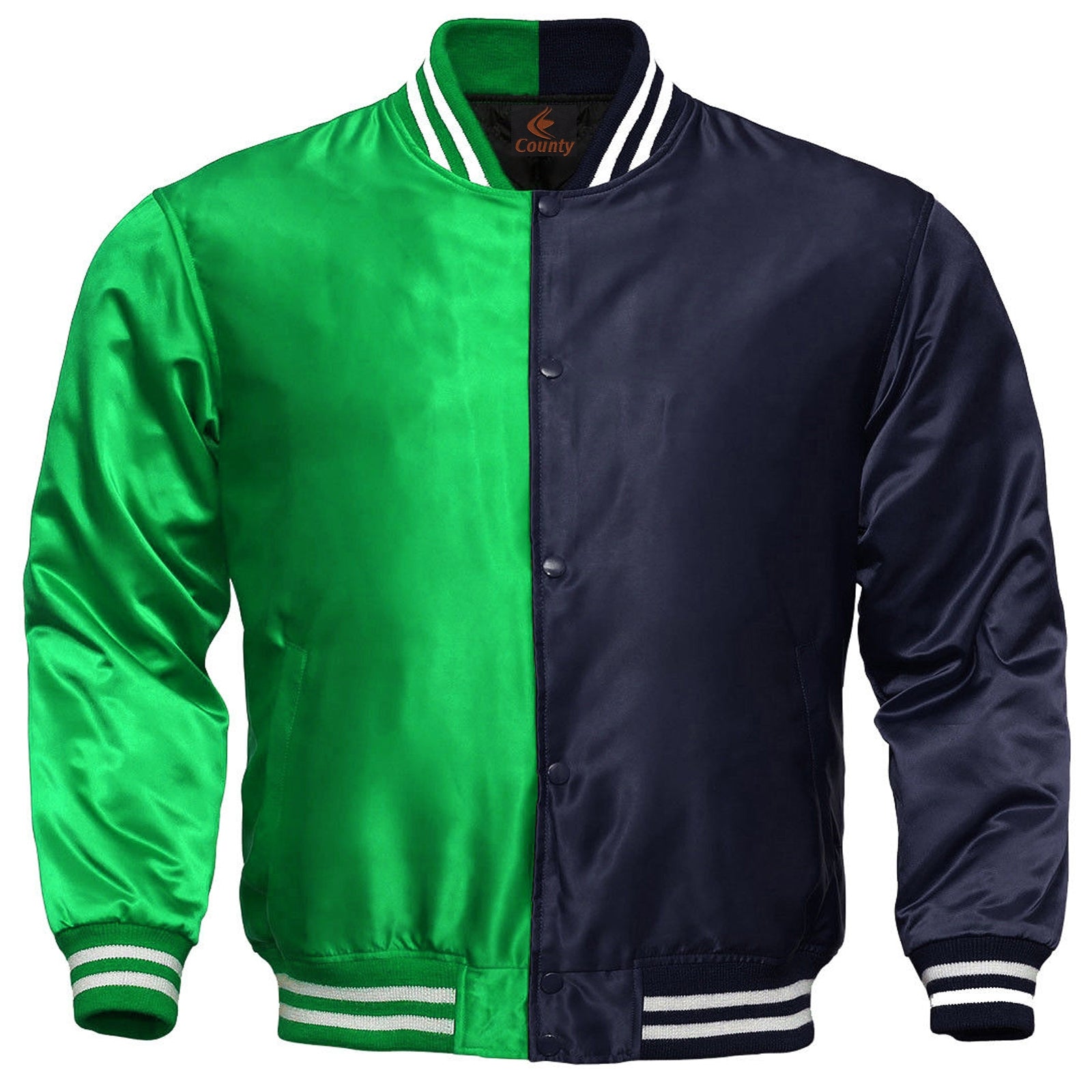 Varsity Jacket Mens Kelly Green Navy Blue Satin Jacket Custom Made Letterman Jackets