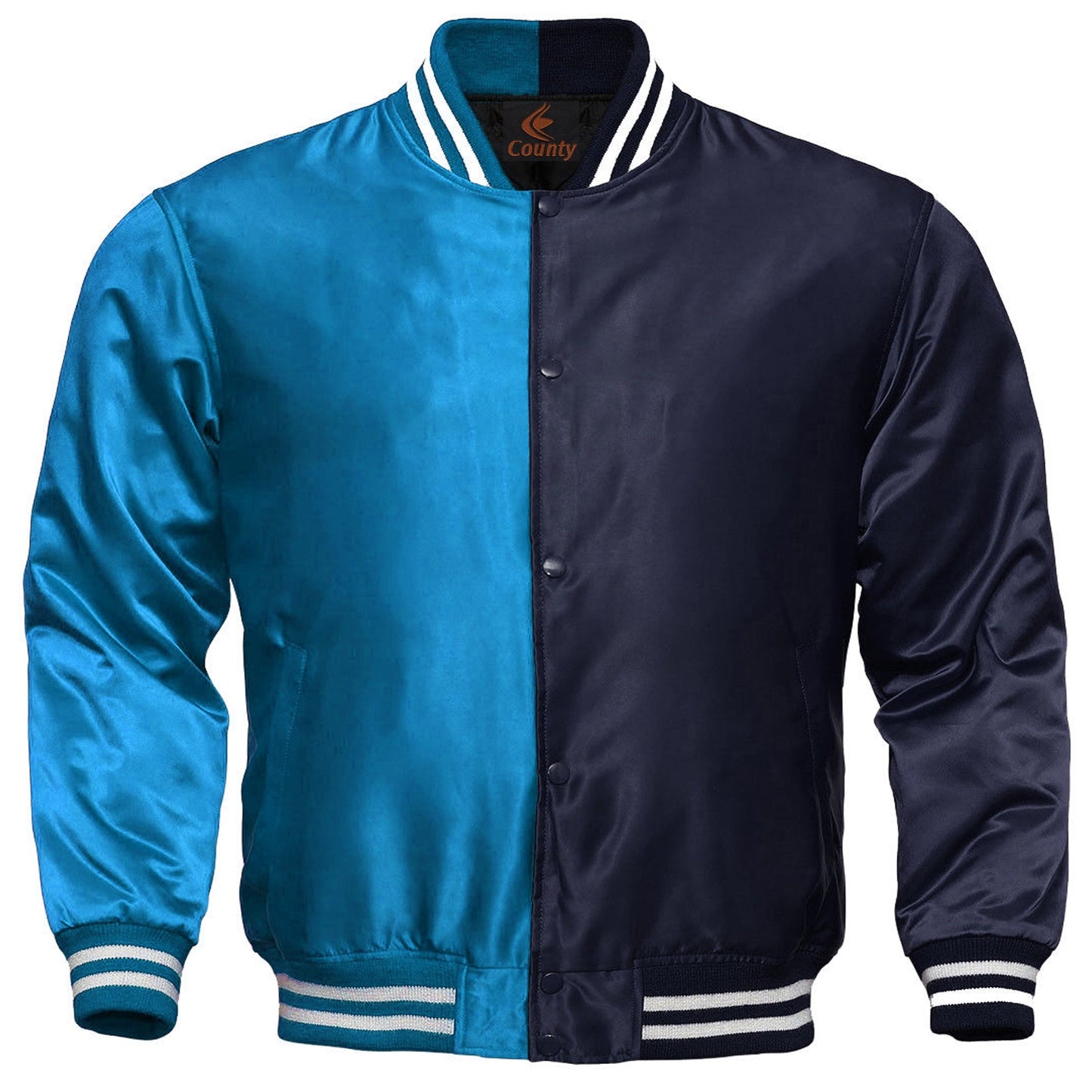 Mens Letterman Jacket Turquoise Navy Blue Satin Jacket Team Varsity Jackets