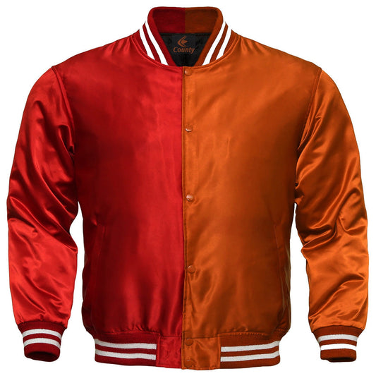 Mens Letterman Jacket Red Orange Satin Jacket Team Varsity Jackets