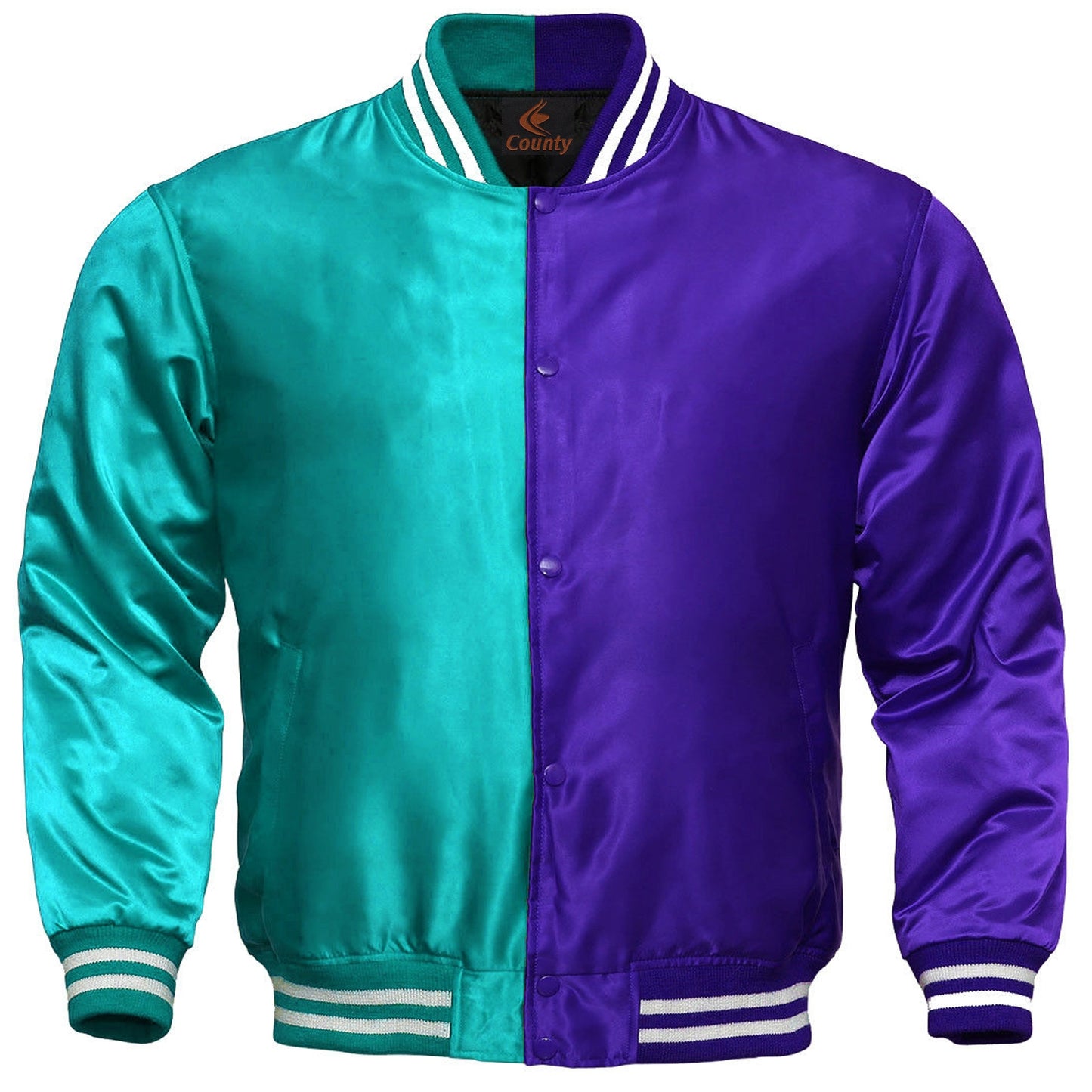 Mens Letterman Jacket Turquoise Purple Satin Jacket Team Varsity Jackets