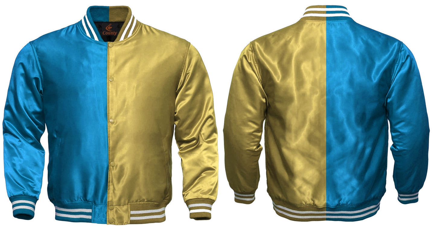 Mens Letterman Jacket Turquoise Golden Satin Jacket Team Varsity Jackets