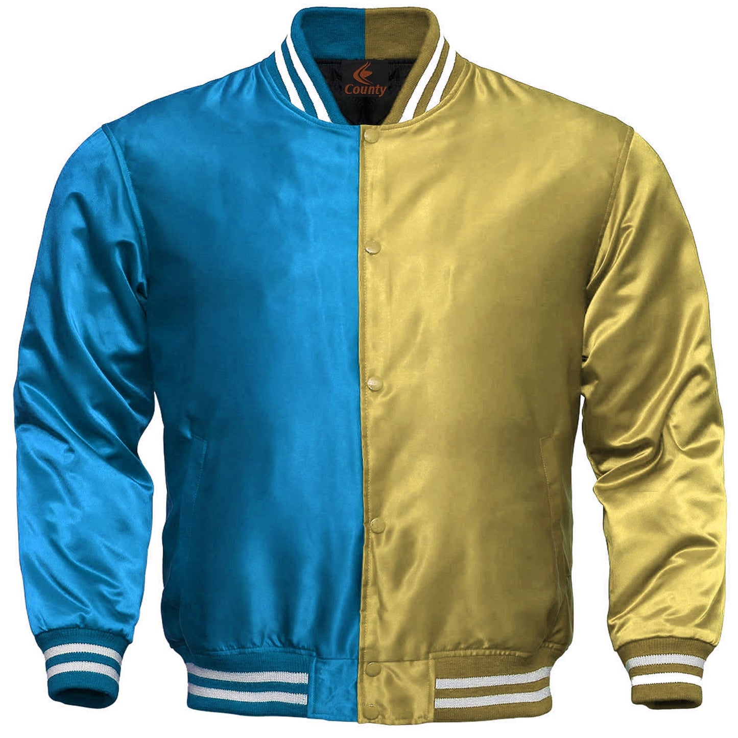 Mens Letterman Jacket Turquoise Golden Satin Jacket Team Varsity Jackets