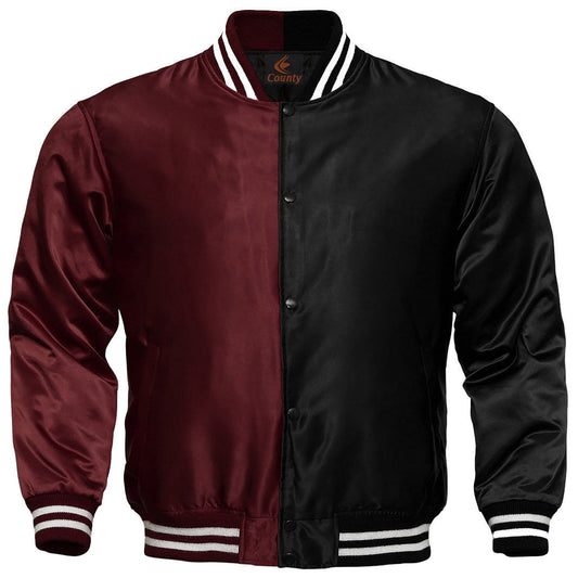 Varsity Jacket Mens Maroon Black Satin Jacket Custom Made Letterman Jackets