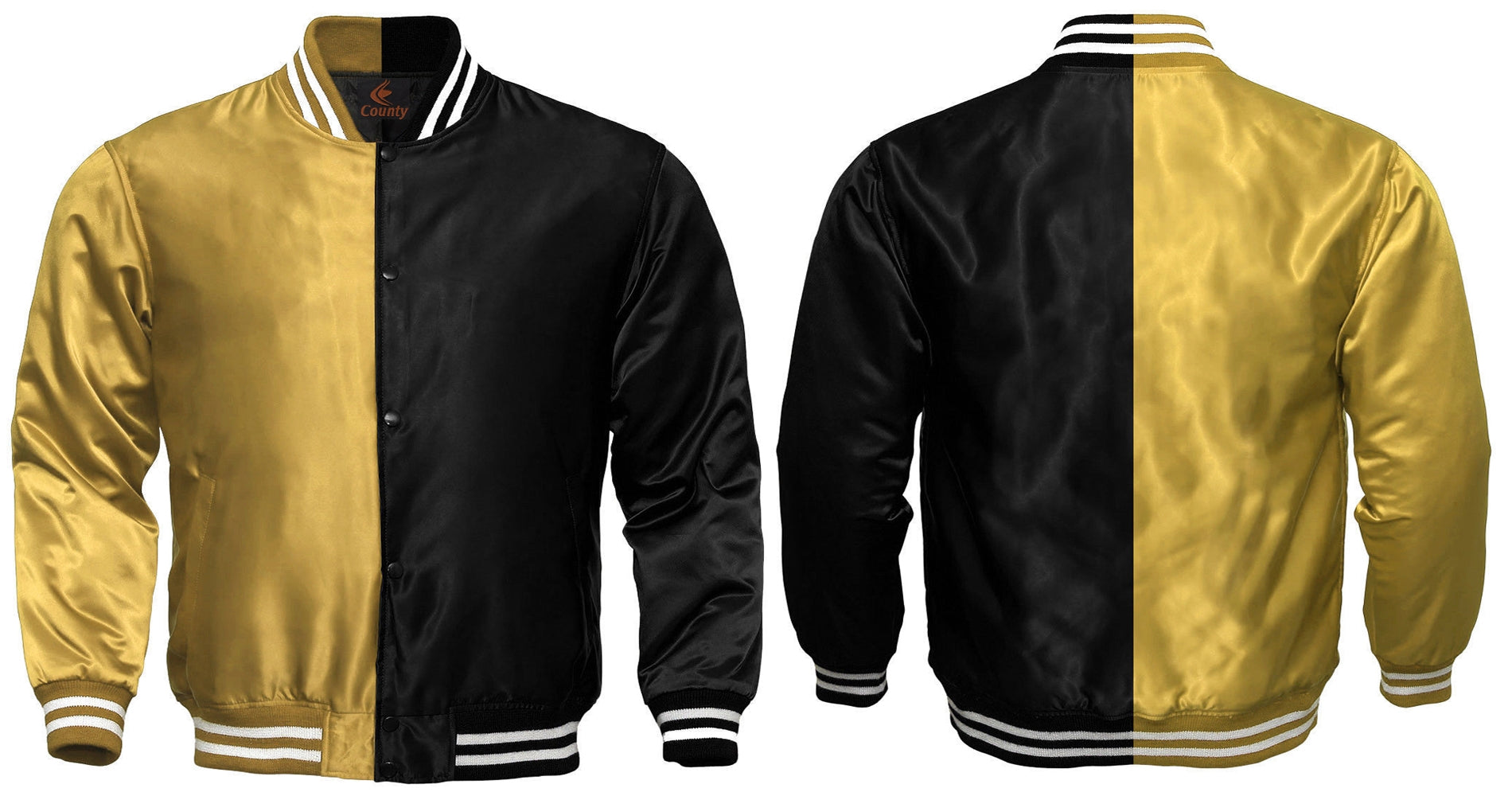 Varsity Jacket Mens Golden Black Satin Jacket Custom Made Letterman Jacket