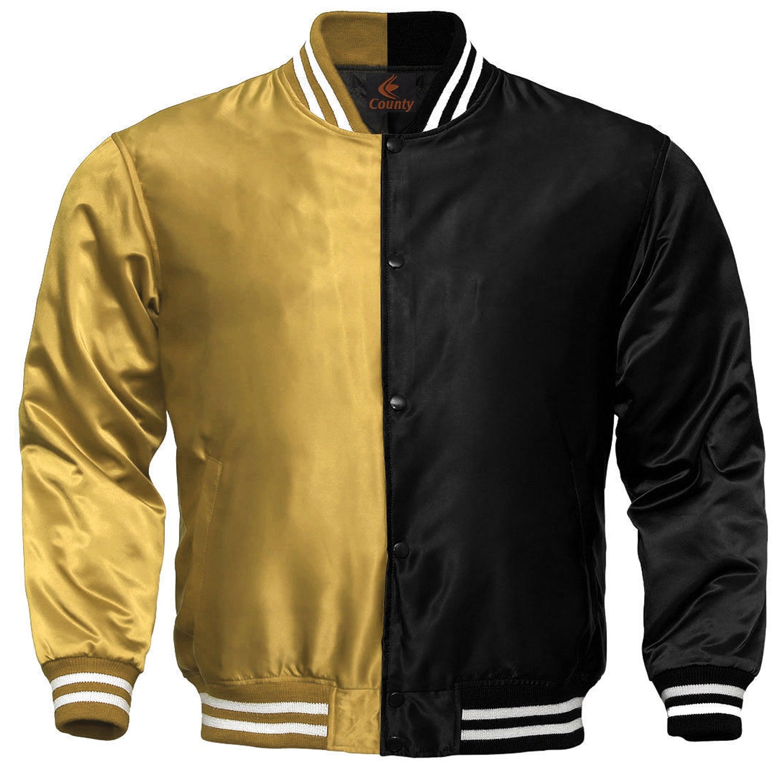 Varsity Jacket Mens Golden Black Satin Jacket Custom Made Letterman Jacket