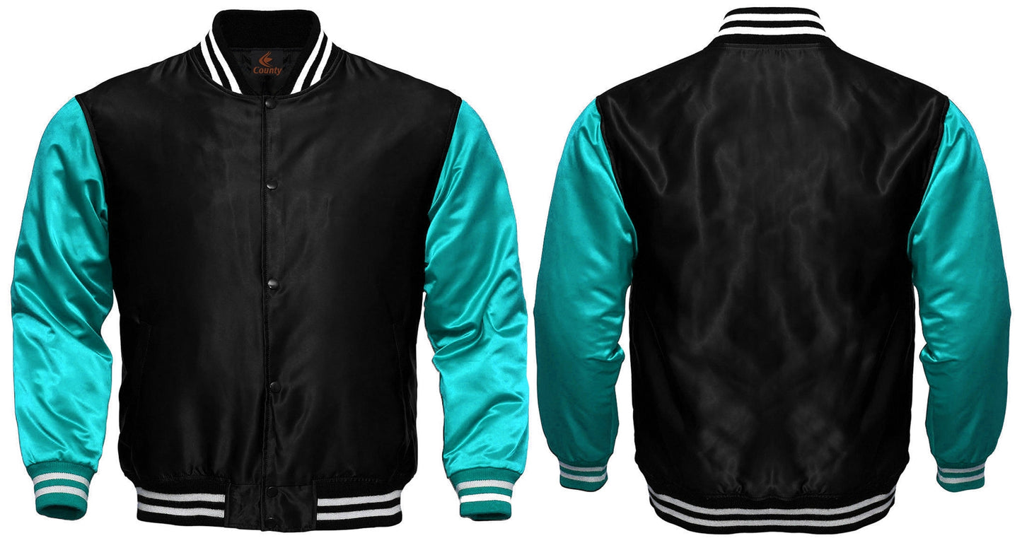 Ladies Varsity Jacket Black Turquoise Satin Jacket Mens Letterman Jacket