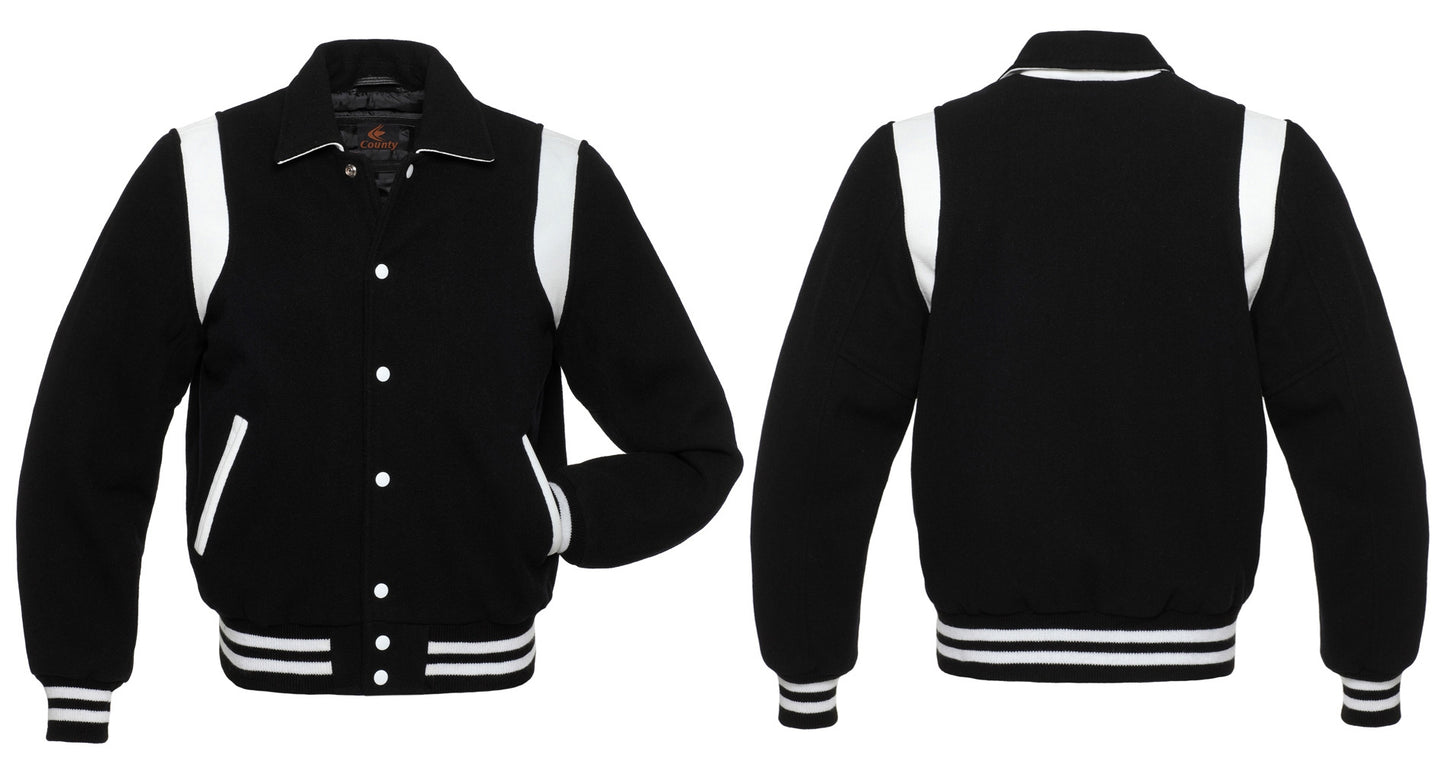 Retro Varsity Letterman Baseball Jacket Black Body White Leather 