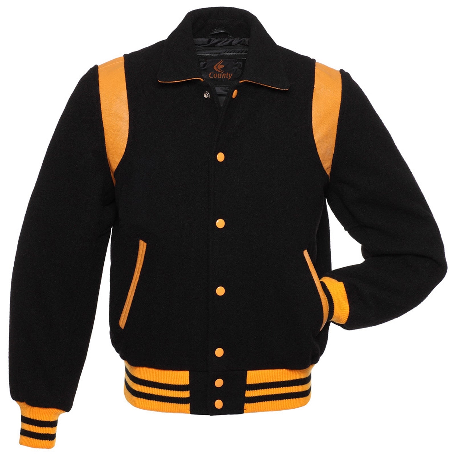 Retro Varsity Letterman Baseball Jacket Black Body Gold Leather Inserts